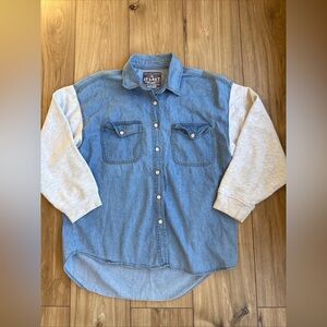 Vtg At Last & Co Size L Denim Shirt W/Grey Sweatshirt Sleeve Cottagecore Country